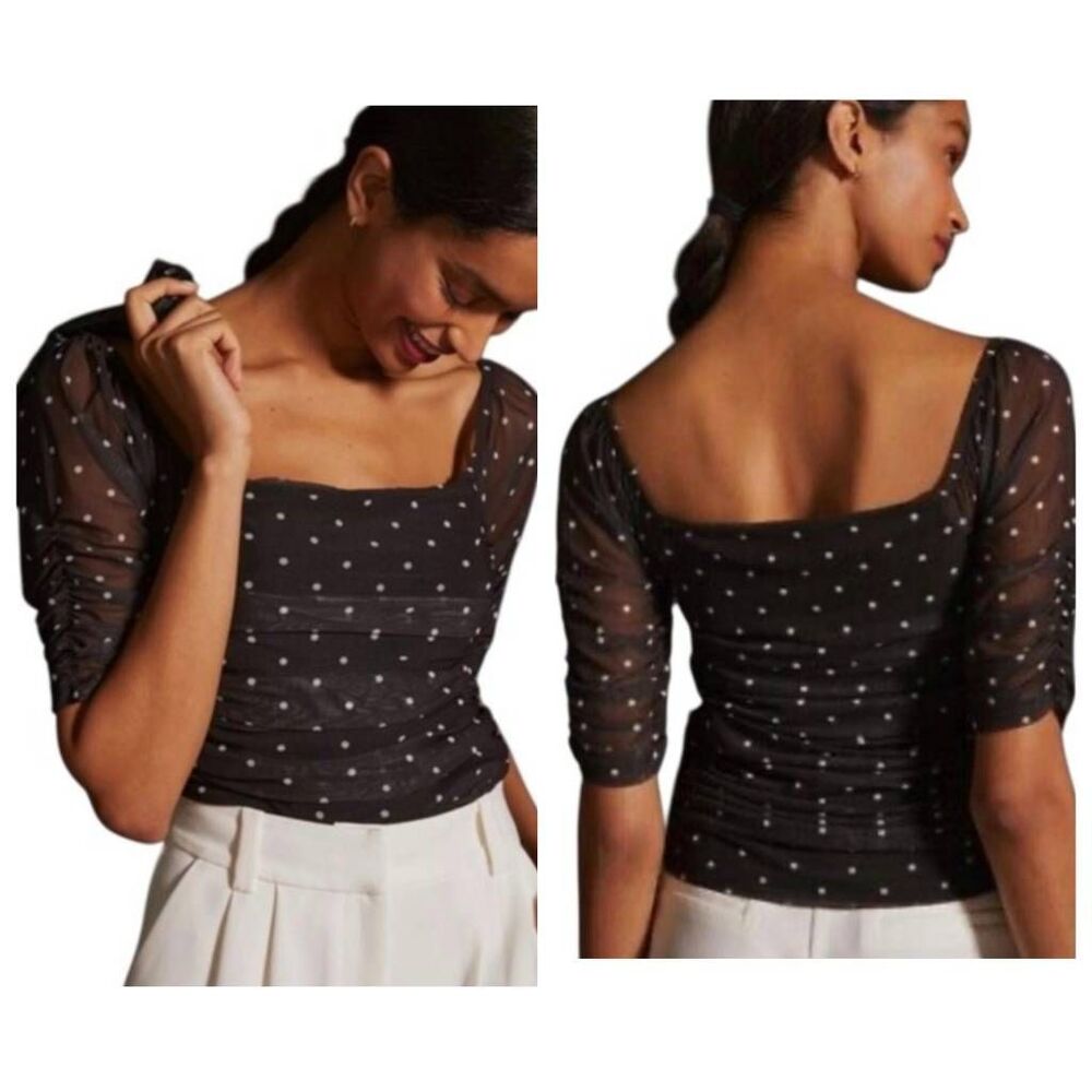 By Anthropologie Black Polka Dot Shirred Ruched Blouse Preppy Trendy Contemporar